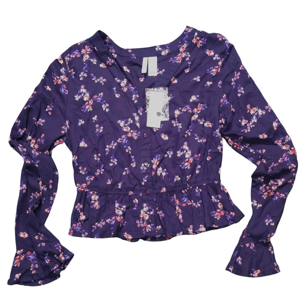 Japna Navy Blue Floral Peplum Blouse V-Neck Bell Sleeve Button Front Small NWT